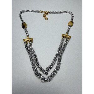Monet Two Tone Gold Silver Double Chain Statement Necklace Signed Vintage Rare